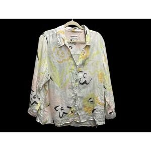 Rachel Zoe Linen Abstract Floral Print Button Down Shirt Women's 2X